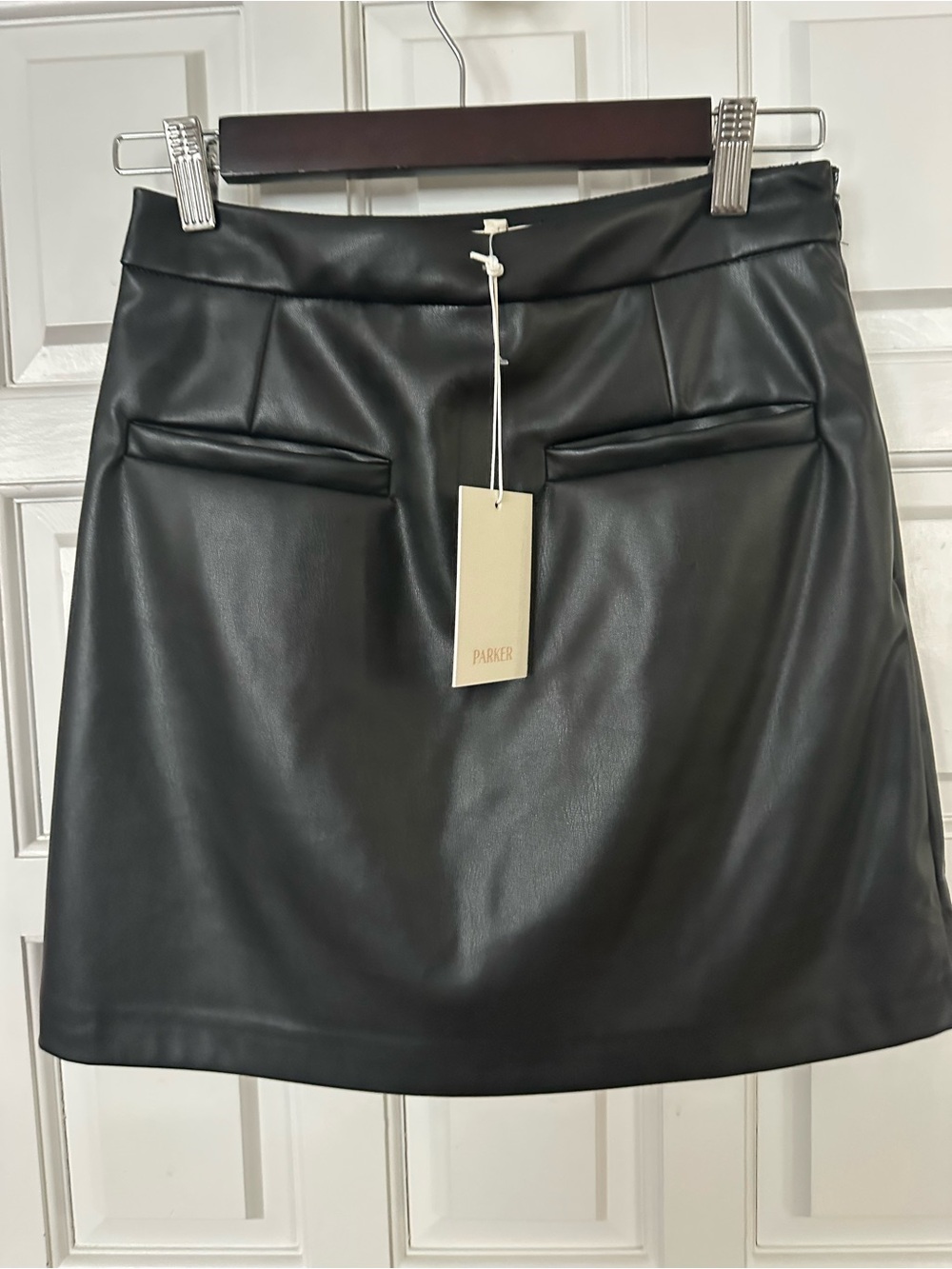 Parker Black Faux Leather Mini Skirt with Welt Pockets